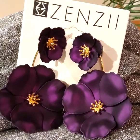 ZENZII Jewelry - Purple Metallic/18K Gold 3D Hand-Painted Floral Earrings (2-in-1)